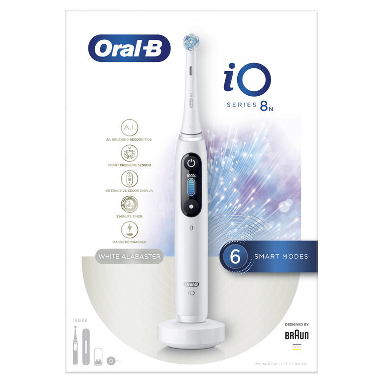 Oral-B iO - 8n - Spazzolino Elettrico Ricaricabile, 1 Spazzolino Bianco Esclusivo Con Tecnologia Magnetica Rivoluzionaria, Display A Colori, 1 Testina, 1 Custodia Da Viaggio Premium