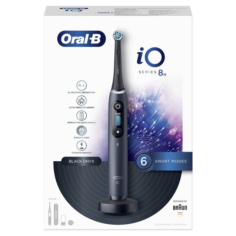 Oral-B iO - 8n - Spazzolino Elettrico Ricaricabile, 1 Spazzolino Nero Esclusivo Con Tecnologia Magnetica Rivoluzionaria, Display A Colori, 1 Testina, 1 Custodia Da Viaggio Premium