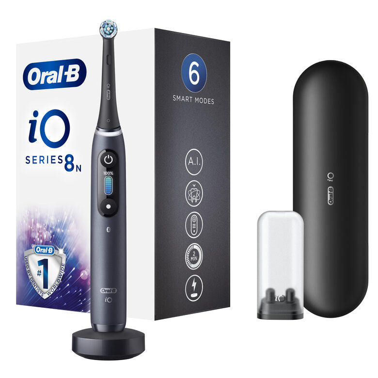 Oral-B iO - 8n - Spazzolino Elettrico Ricaricabile, 1 Spazzolino Nero Esclusivo Con Tecnologia Magnetica Rivoluzionaria, Display A Colori, 1 Testina, 1 Custodia Da Viaggio Premium