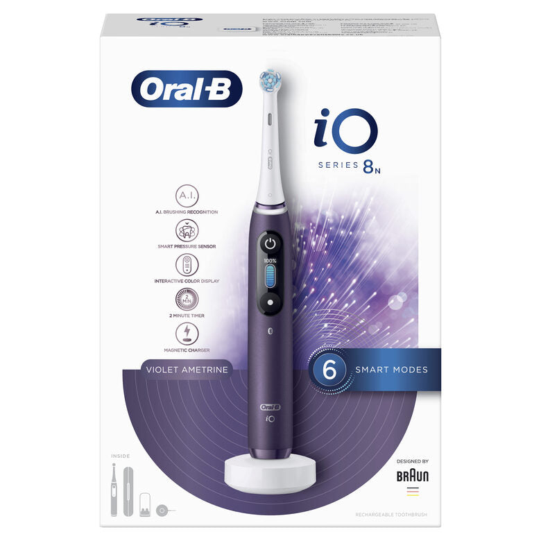 Oral-B iO - 8n - Spazzolino Elettrico Ricaricabile, 1 Spazzolino Viola Esclusivo Con Tecnologia Magnetica Rivoluzionaria, Display A Colori, 1 Testina, 1 Custodia Da Viaggio Premium