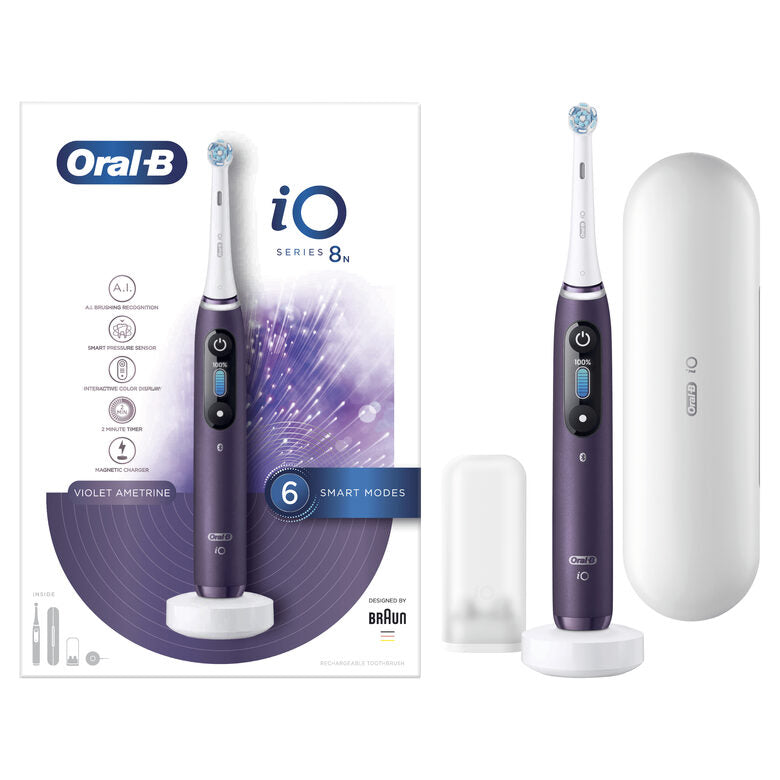 Oral-B iO - 8n - Spazzolino Elettrico Ricaricabile, 1 Spazzolino Viola Esclusivo Con Tecnologia Magnetica Rivoluzionaria, Display A Colori, 1 Testina, 1 Custodia Da Viaggio Premium