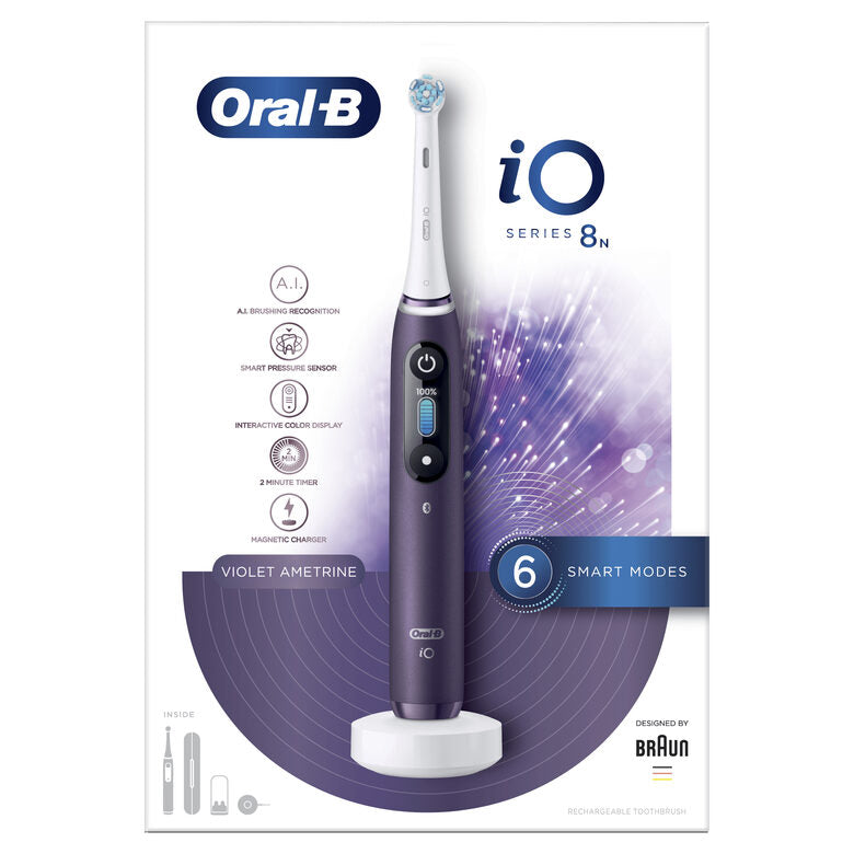 Oral-B iO - 8n - Spazzolino Elettrico Ricaricabile, 1 Spazzolino Viola Esclusivo Con Tecnologia Magnetica Rivoluzionaria, Display A Colori, 1 Testina, 1 Custodia Da Viaggio Premium