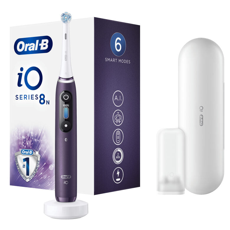 Oral-B iO - 8n - Spazzolino Elettrico Ricaricabile, 1 Spazzolino Viola Esclusivo Con Tecnologia Magnetica Rivoluzionaria, Display A Colori, 1 Testina, 1 Custodia Da Viaggio Premium
