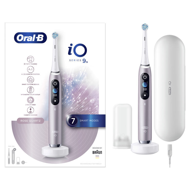 Oral-B iO - 9n - Spazzolino Elettrico Ricaricabile, 1 Spazzolino Rosa Esclusivo Con Tecnologia Magnetica Rivoluzionaria, Display A Colori, 1 Testina, 1 Custodia Da Viaggio Con Caricatore