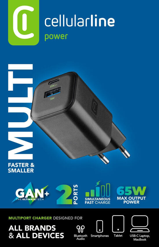 Cellularline MULTIPOWER 2 GAN ENTRY A+C 65W Caricabatterie da rete compatto 65W con 2 porte USB-C e USB-A con tecnologia GAN