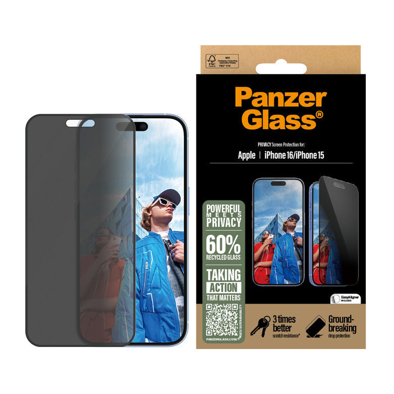 PanzerGlass Privacy Pellicola in Vetro Temperato iPhone 16 | 15 | Ultra-Wide Fit