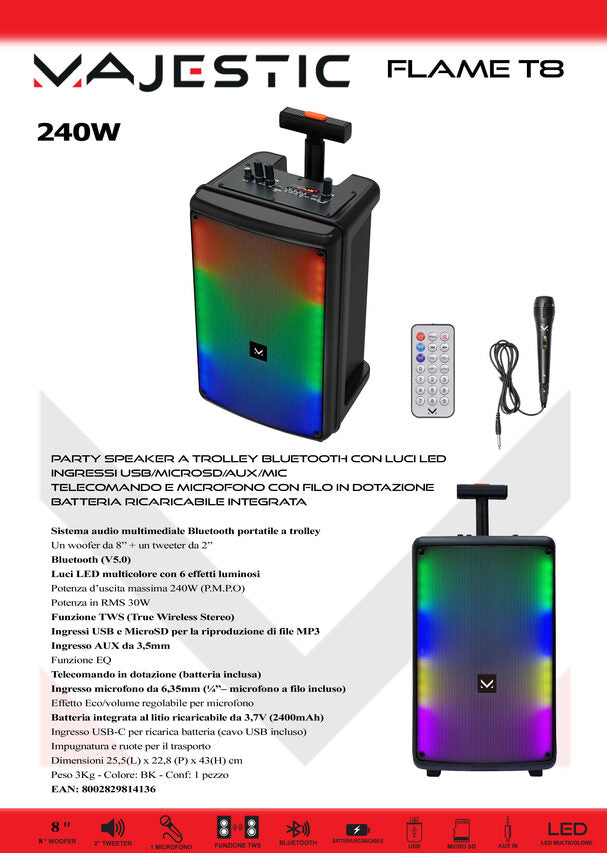New Majestic Flame T8 Sistema PA trolley 30 W Nero