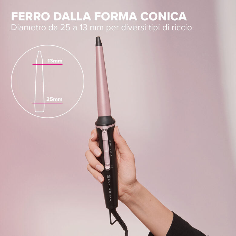 Bellissima Imetec Iconic Curls, ferro arricciacapelli, rivestimento in ceramica, forma conica per ricci stretti e morbidi, temperatura 150°C/210°C, cono 13/25 mm, guanto termico, adatto a tu
