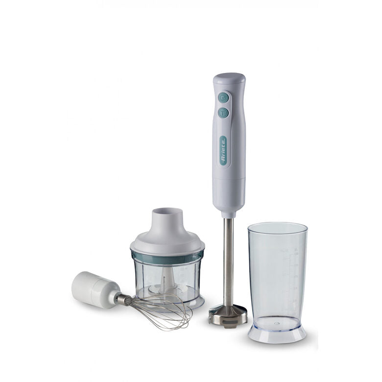 Ariete 601 Frullatore a Immersione con tritatutto, 700 W, 2 velocità, Lama in acciaio inox, Gamba removibile, Bicchiere trasparente, Bianco & Celeste