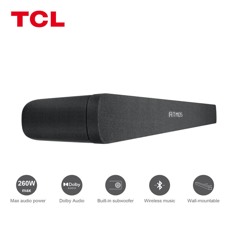 TCL Alto 8i Soundbar TS8111 Dolby Atmos 2.1 con Subwoofer integrato per TV & Wireless Bluetooth (39-inch Speaker, HDMI ARC, Montaggio a parete, Telecomando, tre modalità di suono)
