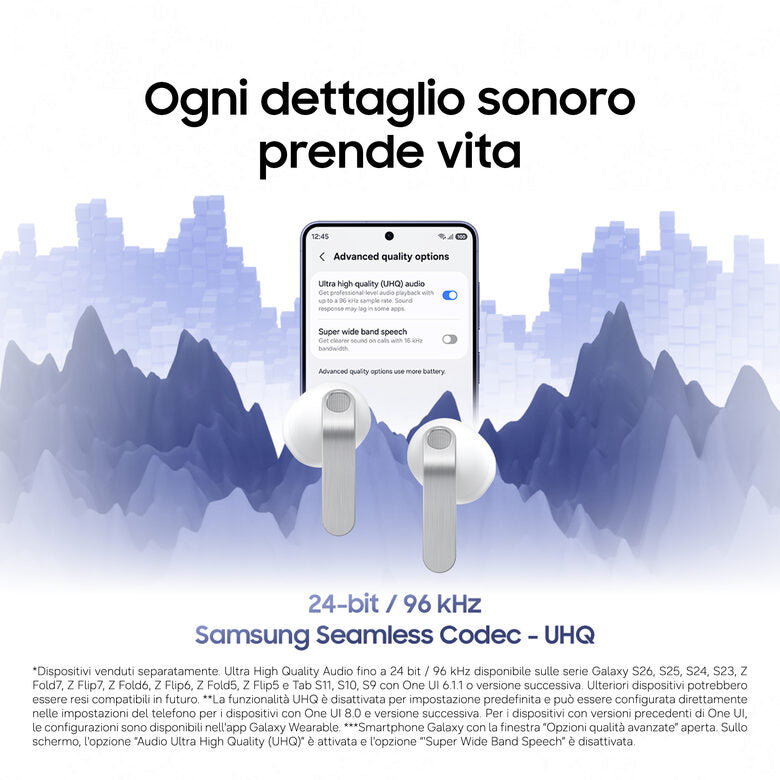 Samsung Galaxy Buds4, White, Corpo in metallo, Altoparlante a 1 via, equalizzatore adattivo, Chiamate cristalline, Audio a 360°, ANC, Controllo adattivo del rumore Connessione senza interruz