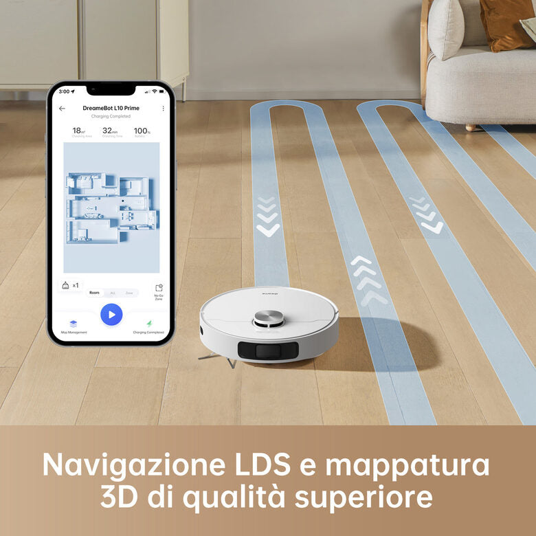 Dreame L10 Prime VM Combo Robot Aspirapolvere con 2 Spazzole laterali aggiuntive(3 in totale), Sollevamento del Mocio da 7 mm, Mocio Autopulente, Navigazione LDS, Aspirazione 4000Pa, Mappatu
