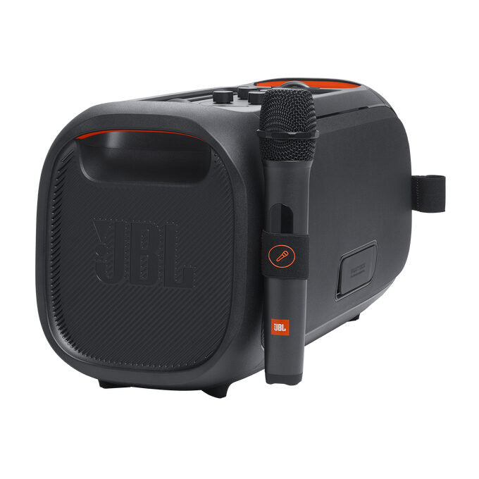 JBL PartyBox On-the-Go Essential Speaker Portatile Wireless per Feste, con Luci Integrate e Bassi Profondi, Protezione Splashproof IPX4, Microfono Wireless, Tracolla per Trasporto, Nero