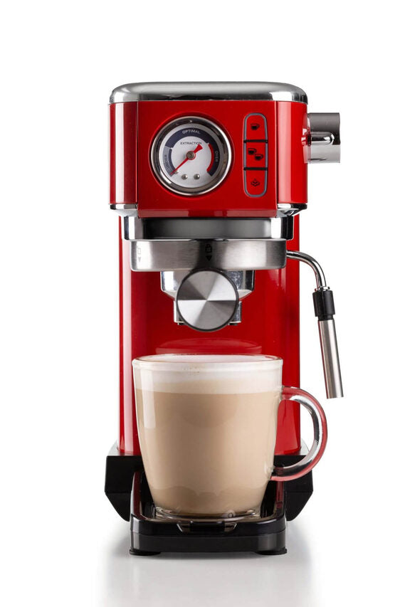 Ariete 1381 Macchina da caffè con manometro, compatibile con caffè in polvere e cialde ESE, 1300 W, Capacità 1,1 L, 15 bar di pressione, Filtro 1 o 2 tazze, Dispositivo Cappuccino Rosso