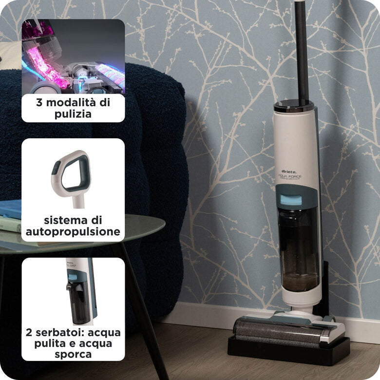 Ariete 2483 Aqua Force Wash & Vacuum, Aspirapolvere Intelligente, Lavapavimenti cordless, Senza fili, Aspira e lava, Peli animali, Sporco liquido e secco, Capacità 700ml, Accessori inclusi