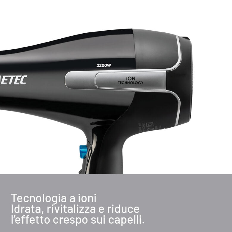 Imetec Asciugacapelli K7 2000, 2200W, Tecnoloiga a ioni, 2 velocità, 3 temperature, Colpo Aria Fredda, Convogliatore Stretto, Diffusore Professionale
