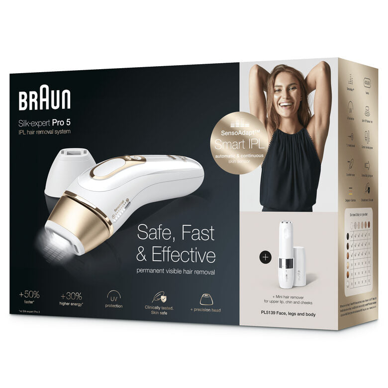 Braun Silk-expert Pro Pro 5 PL5139 Silk expert, Epilatore Luce Pulsata IPL, Sistema di Epilazione Permanente dei Peli Visibili per Donna, Bianco/Oro