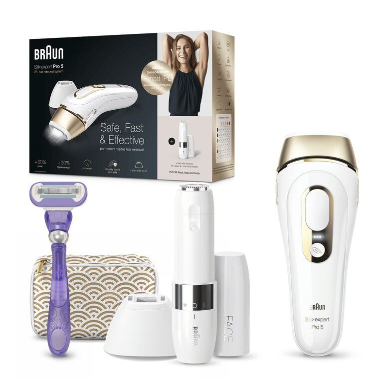 Braun Silk-expert Pro Pro 5 PL5139 Silk expert, Epilatore Luce Pulsata IPL, Sistema di Epilazione Permanente dei Peli Visibili per Donna, Bianco/Oro