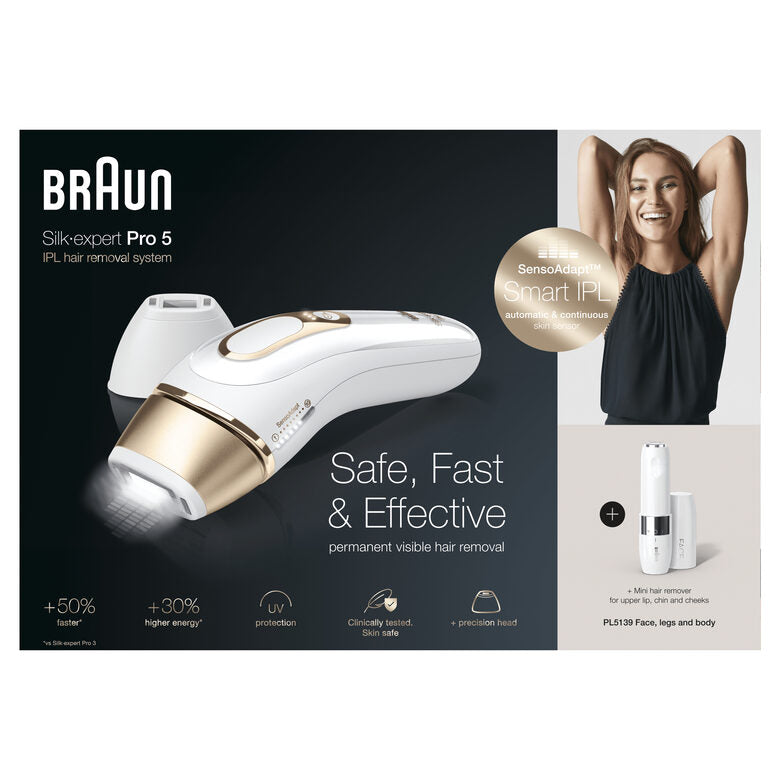 Braun Silk-expert Pro Pro 5 PL5139 Silk expert, Epilatore Luce Pulsata IPL, Sistema di Epilazione Permanente dei Peli Visibili per Donna, Bianco/Oro