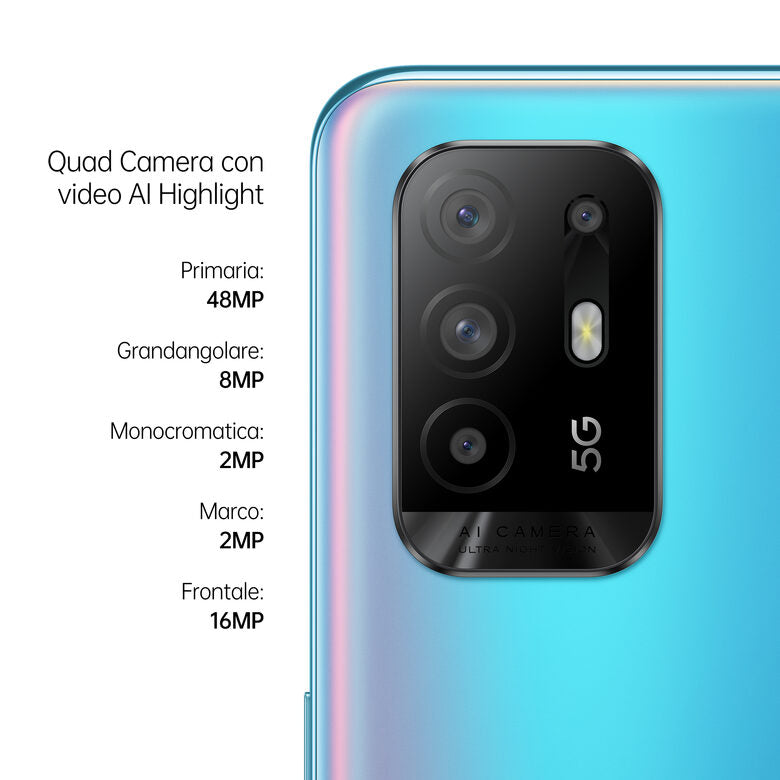 OPPO A94 5G A94 Smartphone 5G, 173g, Display 6.43" FHD+ AMOLED, 4 Fotocamere 48MP, RAM 8GB ESPANDIBILE FINO A 13GB+ROM 128GB, Batteria 4310mAh, Ricarica VOOC 30W, Dual Sim, [Versione Italian