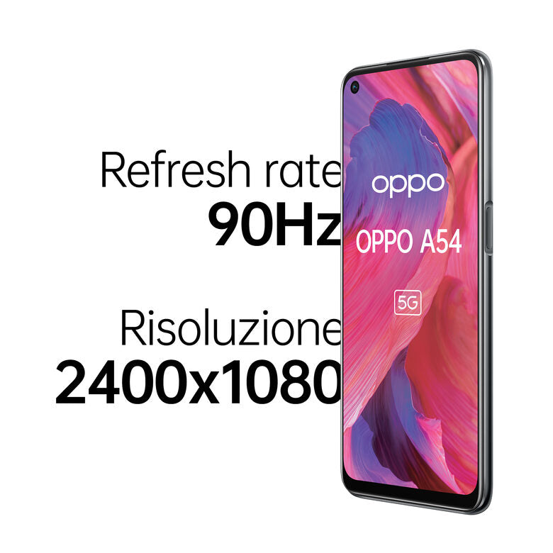 OPPO A54 5G A54 Smartphone 5G, 193g, Display 6.5" FHD+ 90Hz, 4 Fotocamere 48MP, RAM 4GB+ROM 64GB, Batteria 5000mAh, Ricarica rapida, Dual Sim, [Versione Italiana], Fluid Black