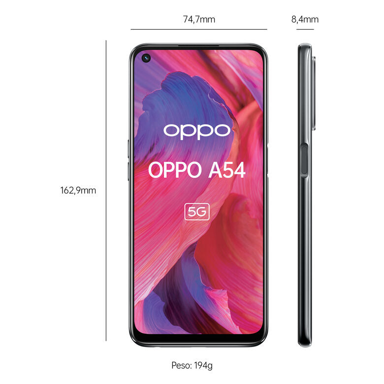 OPPO A54 5G A54 Smartphone 5G, 193g, Display 6.5" FHD+ 90Hz, 4 Fotocamere 48MP, RAM 4GB+ROM 64GB, Batteria 5000mAh, Ricarica rapida, Dual Sim, [Versione Italiana], Fluid Black