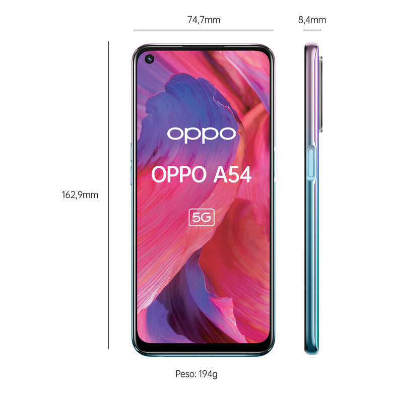 OPPO A54 5G A54 Smartphone 5G, 193g, Display 6.5" FHD+ 90Hz, 4 Fotocamere 48MP, RAM 4GB+ROM 64GB, Batteria 5000mAh, Ricarica rapida, Dual Sim, [Versione Italiana], Fantastic Purple