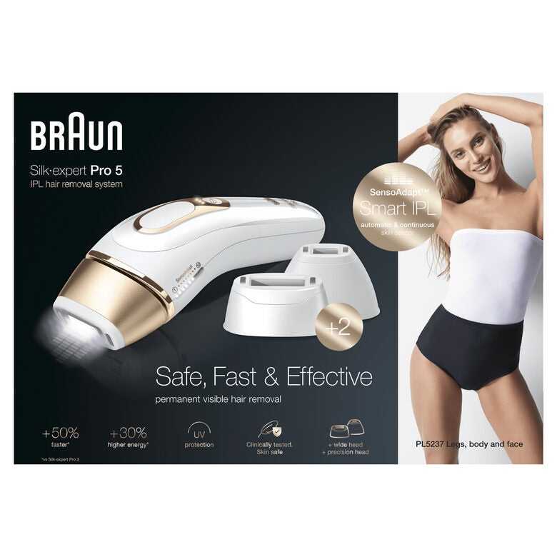 Braun Silk-expert Pro Silk expert Pro 5 PL5237, Epilatore Luce Pulsata IPL, Sistema di Epilazione Permanente dei Peli Visibili Uomo E Donna, Bianco/Oro