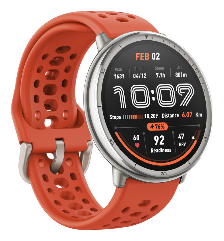 Amazfit Active 2 Round Premium secondo cinturino rosso in silicone Vetro zaffiro con display AMOLED Pagamento contactless Durata della batteria fino a 10 giorni 5 sistemi satellitari & mappe