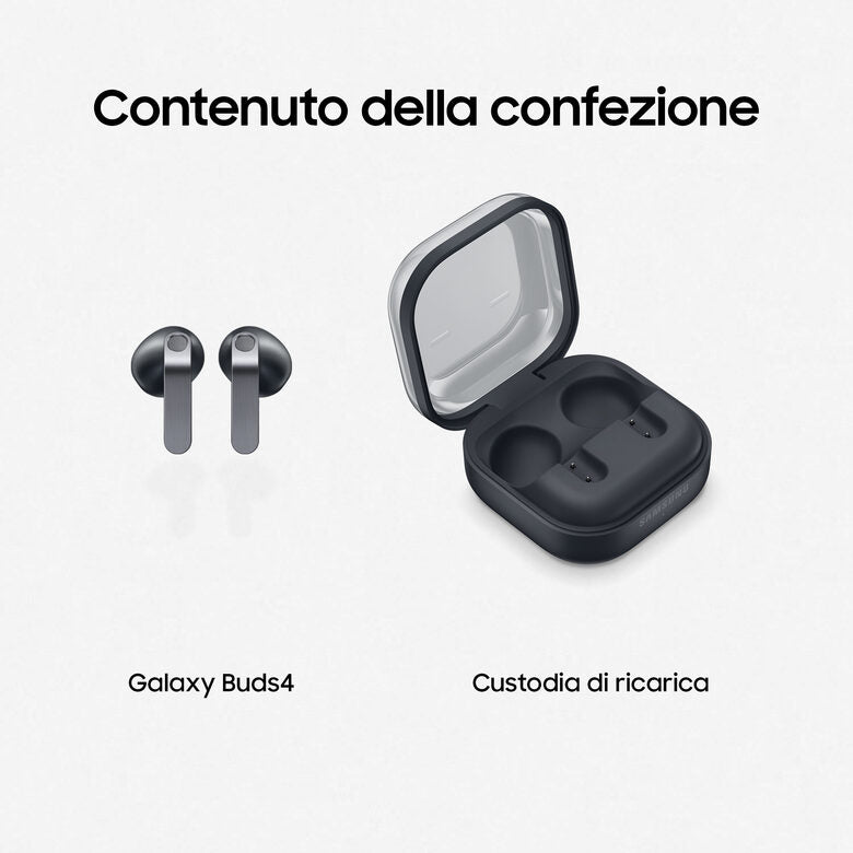 Samsung Galaxy Buds4, Black, Corpo in metallo, Altoparlante a 1 via, equalizzatore adattivo, Chiamate cristalline, Audio a 360°, ANC, Controllo adattivo del rumore Connessione senza interruz