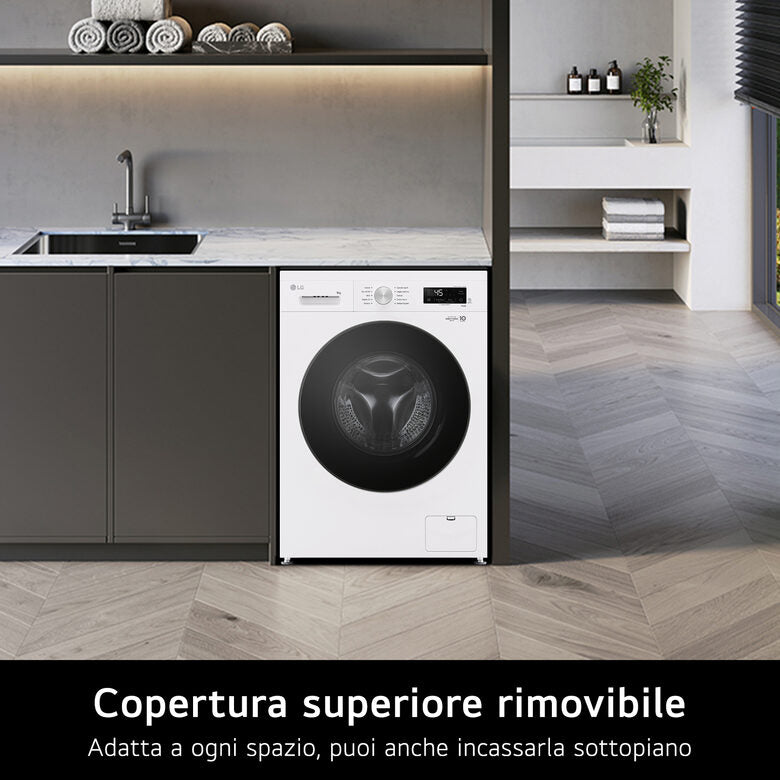 LG F4NX1009NWB Serie X1 Lavatrice Smart A Libera Installazione 9 Kg, 1400 Giri, Wi-Fi, Sistema 6 Motion, Allergy Care, Direct Drive, Classe A, Bianco
