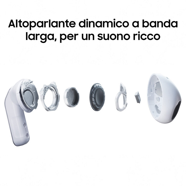Samsung Galaxy Buds4, White, Corpo in metallo, Altoparlante a 1 via, equalizzatore adattivo, Chiamate cristalline, Audio a 360°, ANC, Controllo adattivo del rumore Connessione senza interruz