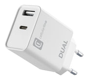 Cellularline Dual Charger - iPhone 8 or later Caricabatterie da rete con 2 porte USB e USB-C per la carica simultanea di due dispositivi Apple Bianco