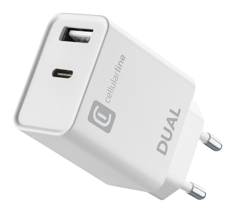 Cellularline Dual Charger - iPhone 8 or later Caricabatterie da rete con 2 porte USB e USB-C per la carica simultanea di due dispositivi Apple Bianco