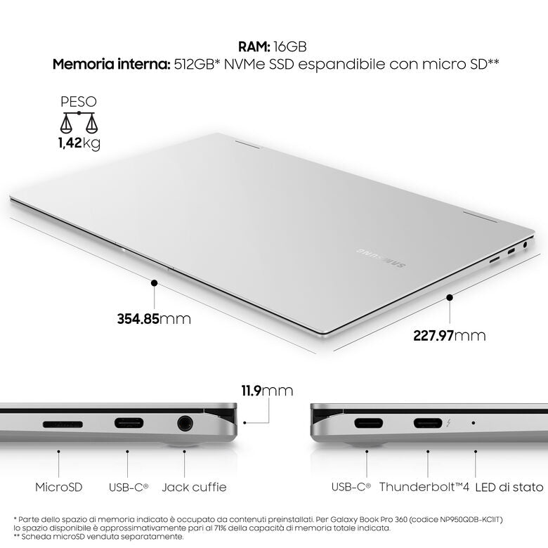 Samsung Galaxy Book Pro 360 , 15.6”, Windows 11 ready, portatile 2-in-1 con S Pen, Intel Core i7 (Intel Evo), 16 GB RAM, 512GB SSD, Mystic Silver
