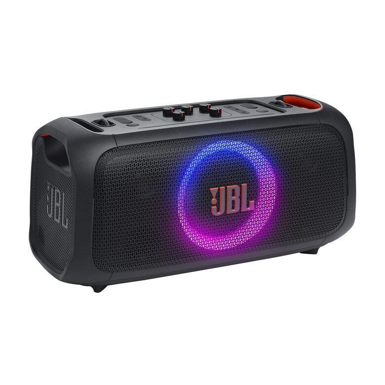 JBL PartyBox On-the-Go Essential Speaker Portatile Wireless per Feste, con Luci Integrate e Bassi Profondi, Protezione Splashproof IPX4, Microfono Wireless, Tracolla per Trasporto, Nero