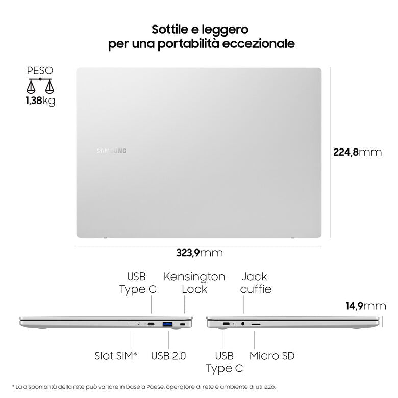 Samsung Galaxy Book Go Computer portatile 35,6 cm (14") Full HD Qualcomm Snapdragon 4 GB 128 GB Flash Wi-Fi 5 (802.11ac) Windows 10 Home Argento