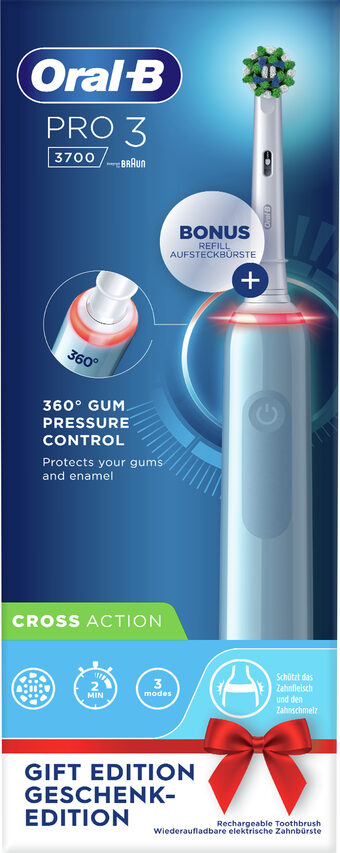 Oral-B Pro 3 Spazzolino Elettrico Ricaricabile - 3700 Blu, 1 Spazzolino Con Sensore Di Pressione Dello Spazzolamento Visibile, 2 Testine Di Ricambio