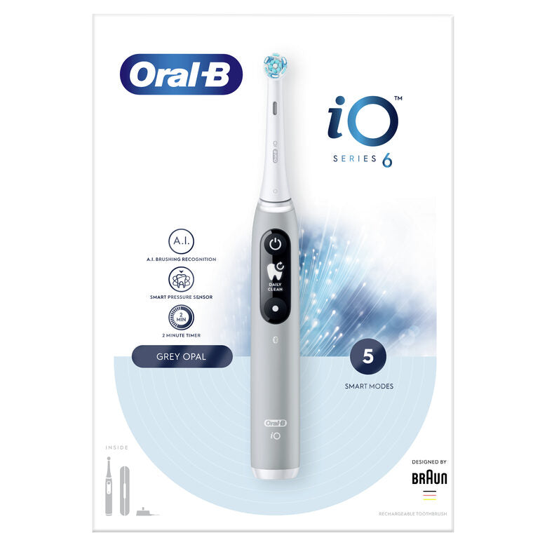 Oral-B iO - 6 - Spazzolino Elettrico Grigio Con Display In Bianco E Nero, 1 Testina, 1 Custodia Da Viaggio, Designed By Braun