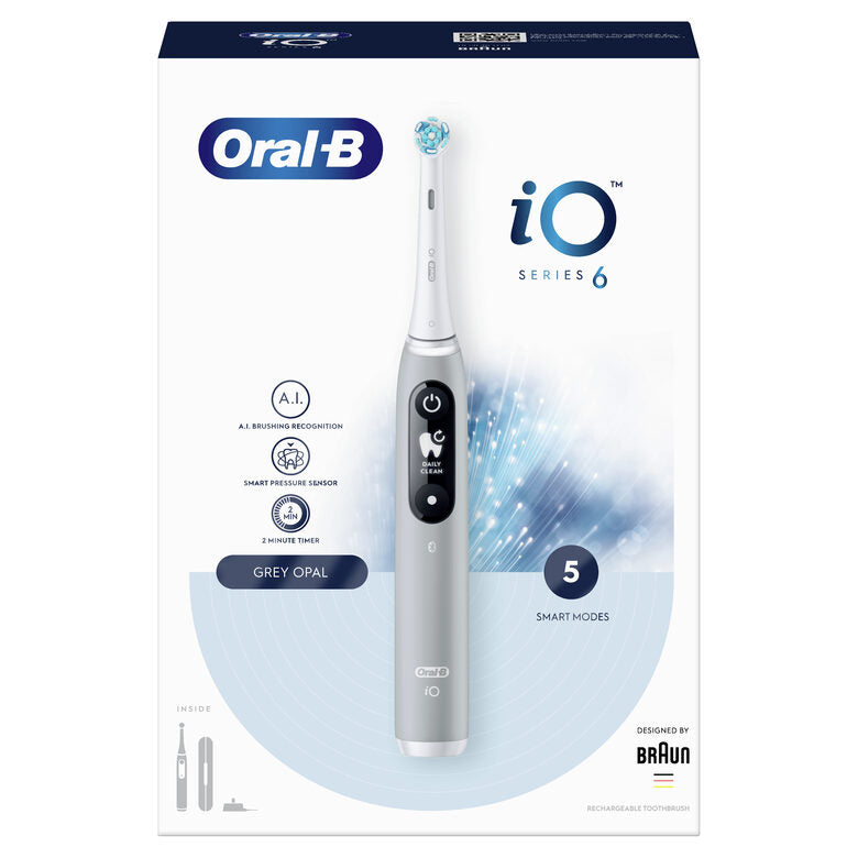 Oral-B iO - 6 - Spazzolino Elettrico Grigio Con Display In Bianco E Nero, 1 Testina, 1 Custodia Da Viaggio, Designed By Braun