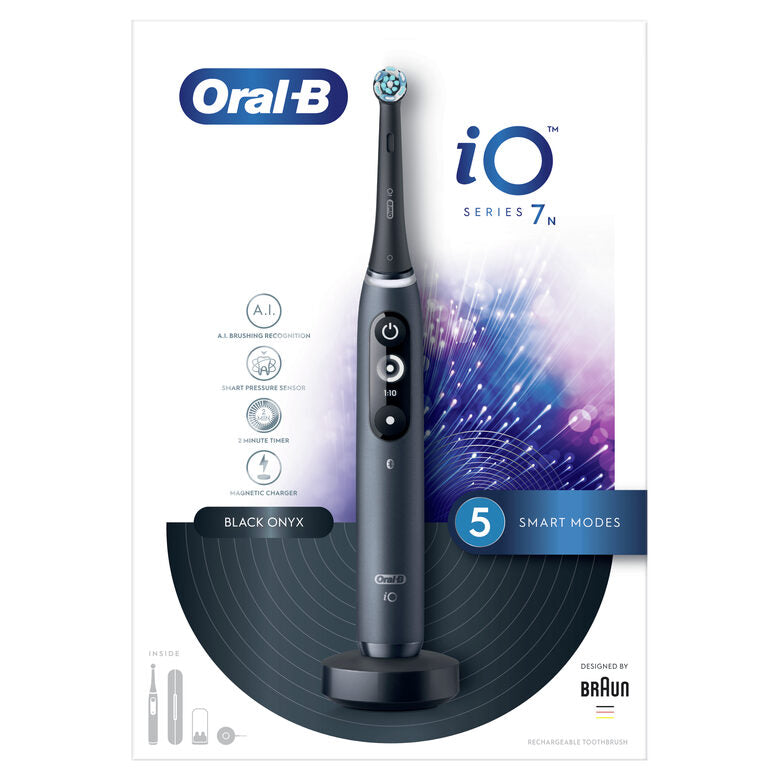 Oral-B iO 7n Spazzolino Elettrico Ricaricabile Nero Esclusivo Con Tecnologia Magnetica Rivoluzionaria, Display In Bianco E Nero, 1 Testina, 1 Custodia Da Viaggio Premium, Designed By Braun