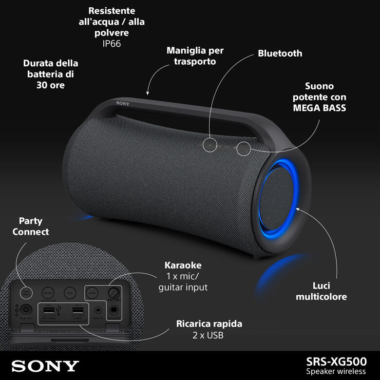 Sony SRS-XG500 - Speaker Bluetooth® portatile e resistente ideale per feste con suono potente, effetti luminosi ed autonomia fino a 20 ore