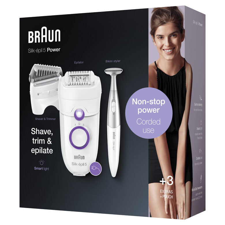 Braun Silk-épil 5 -825 Power Epilatore Donna Primi Utilizzi Delicato Con Filo Senza Interruzioni, Testina Radente, Cappuccio Regolator
