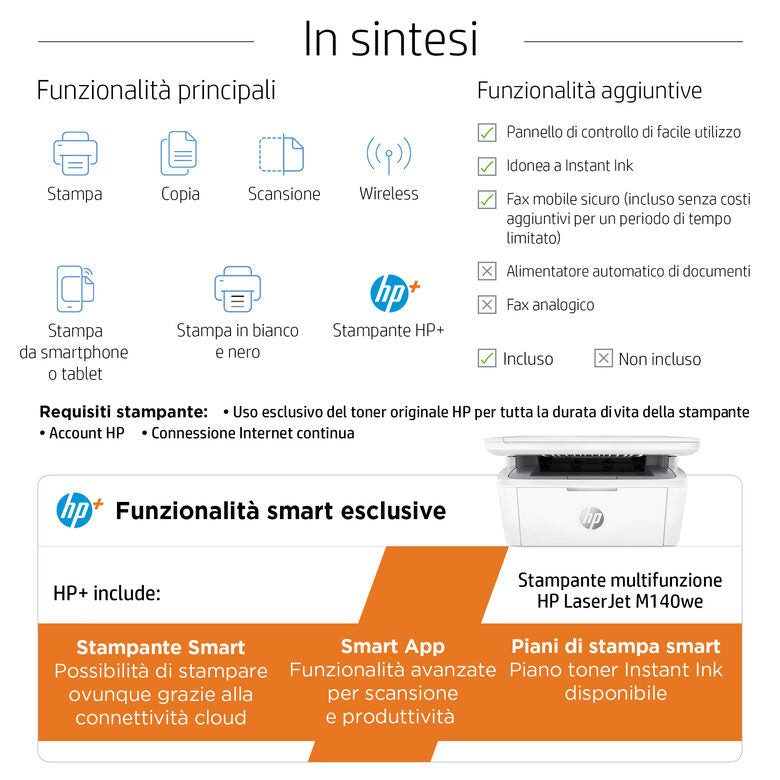HP LaserJet Stampante multifunzione M140w, Bianco e nero, Stampante per Piccoli uffici, Stampa, copia, scansione, wireless, Scansione verso e-mail, scansione verso PDF