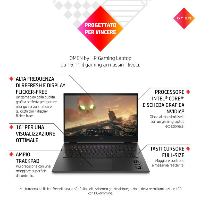 OMEN by HP 16-b0007nl i7-11800H Computer portatile 40,9 cm (16.1") Touch screen Full HD Intel® Core™ i7 16 GB DDR4-SDRAM 512 GB SSD NVIDIA GeForce RTX 3060 Wi-Fi 6 (802.11ax) Windows 11 Home