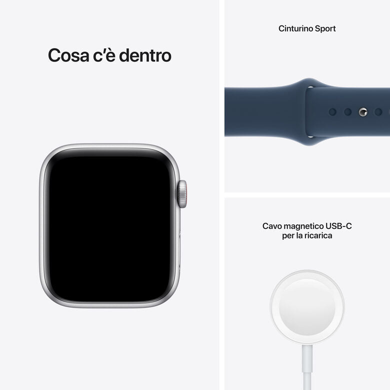 Apple Watch SE GPS + Cellular, 44mm Cassa in Alluminio color Argento con Cinturino Sport Azzurro