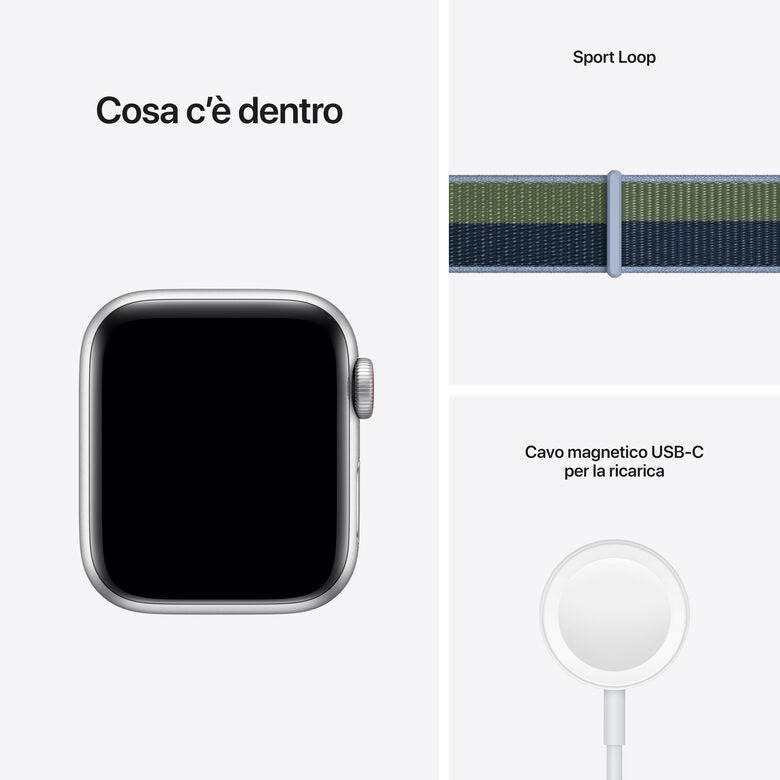 Apple Watch SE GPS + Cellular, 40mm Cassa in Alluminio color Argento con Cinturino Sport Azzurro