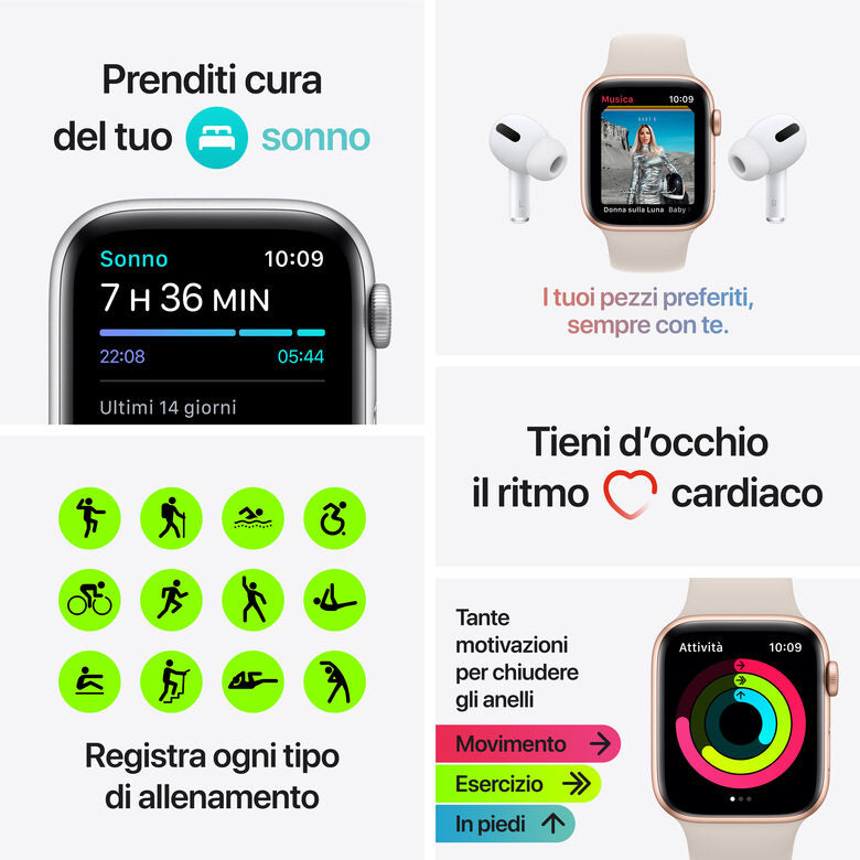Apple Watch SE GPS, 40mm Cassa in Alluminio color Argento con Cinturino Sport Azzurro