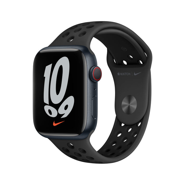 Apple Watch Nike Series 7 GPS + Cellular, 45mm Cassa in Alluminio Mezzanotte con Cinturino Sport Antracite/Nero
