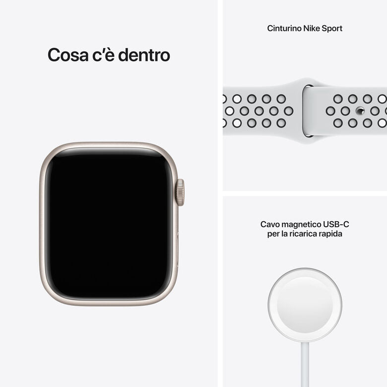 Apple Watch Nike Series 7 GPS, 45mm Cassa in Alluminio Galassia con Cinturino Sport Platino Puro/Nero